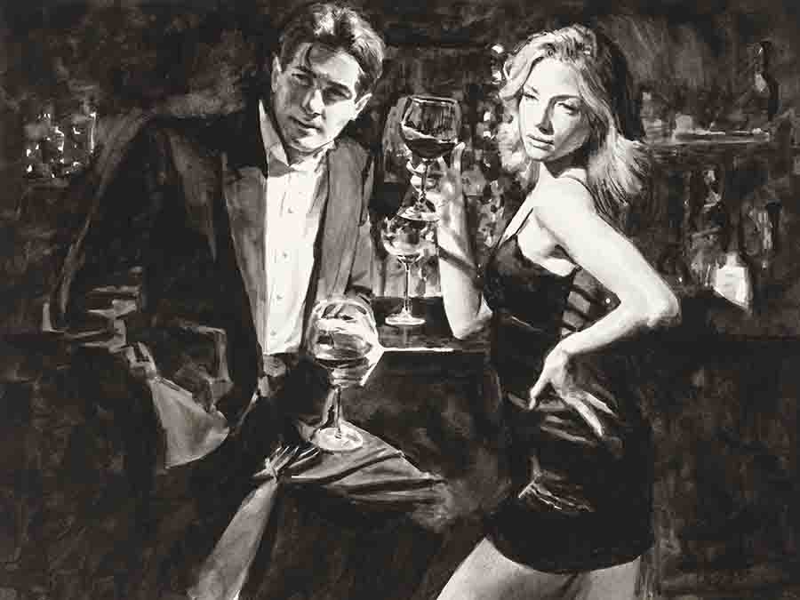 Red at the Bar (ink) painting - Fabian Perez Art