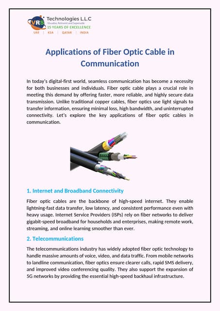 Applications of Fiber Optic Cable in Communication | PDF
