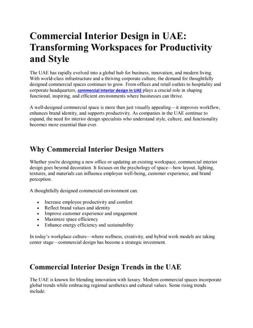 Commercial Interior Design in UAE: Transforming Workspaces for Productivity and Style | PDF