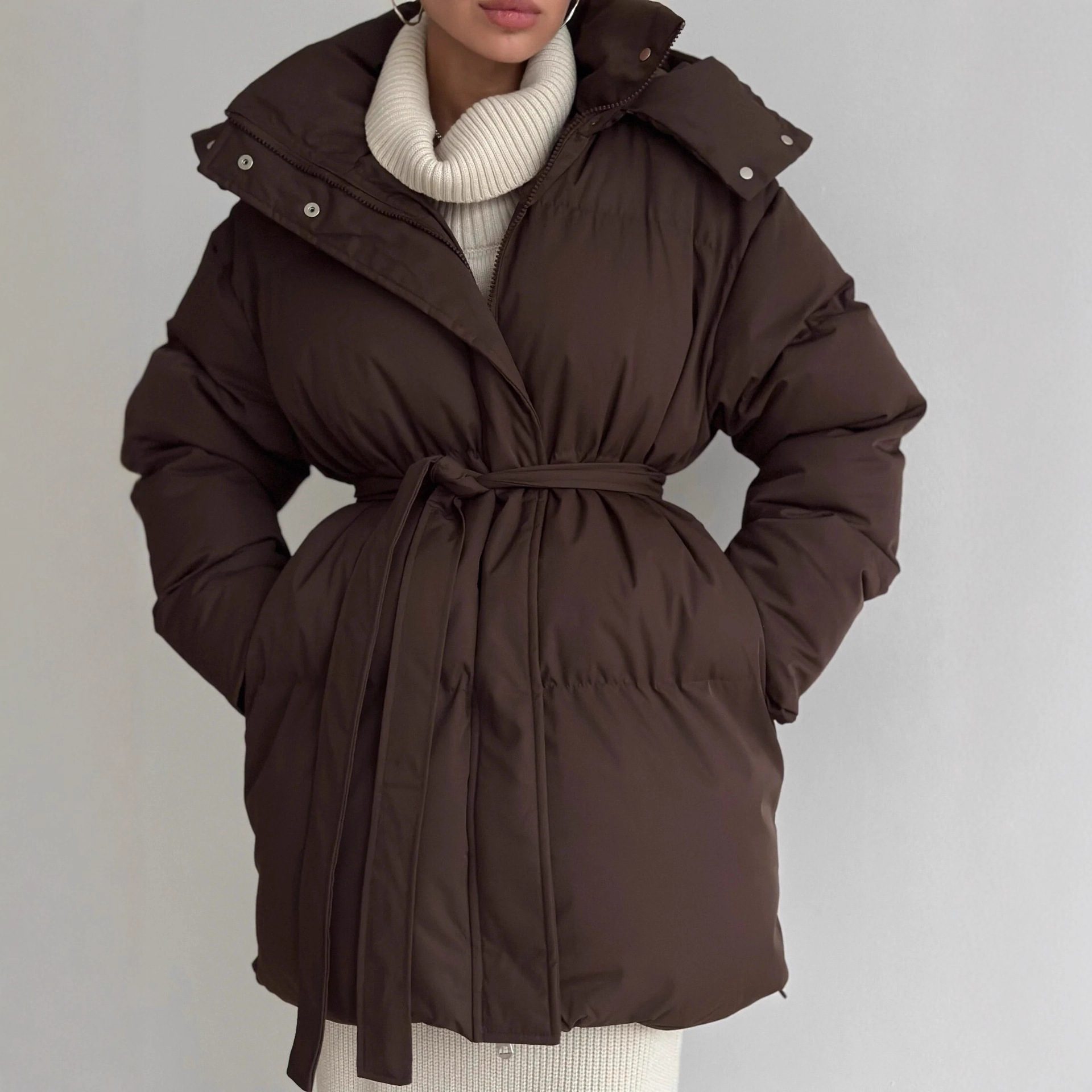 Casual Waist Tight Skinny Slimming Hooded Mid-length Bread Cotton-padded Jacket