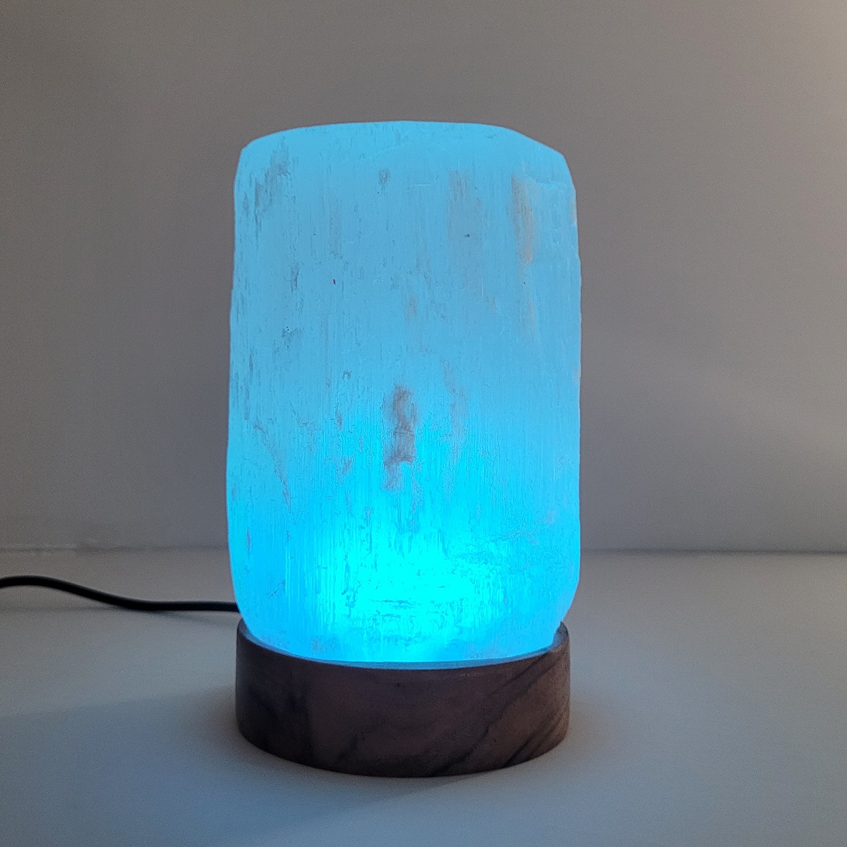 Selenite Lamp Cylinder, Medium Size, Moroccan Selenite Crystals, Wood Base hand made authentic - Premier Halite Inc.