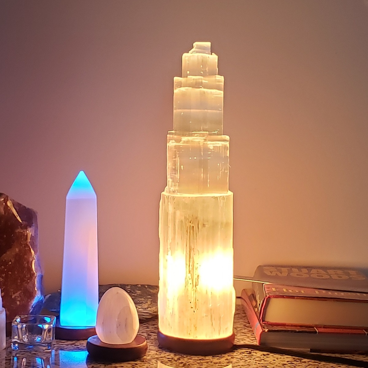 Selenite Tower Lamp , Authentic Moroccan Selenite Crystal - Premier Halite Inc.