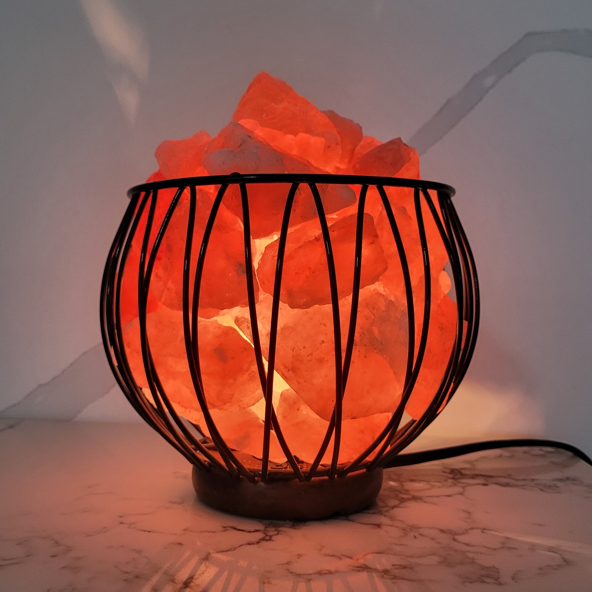 Pink Salt Lamp Metal Basket, Wood Base, Himalayan Salt chunks - Premier Halite Inc.