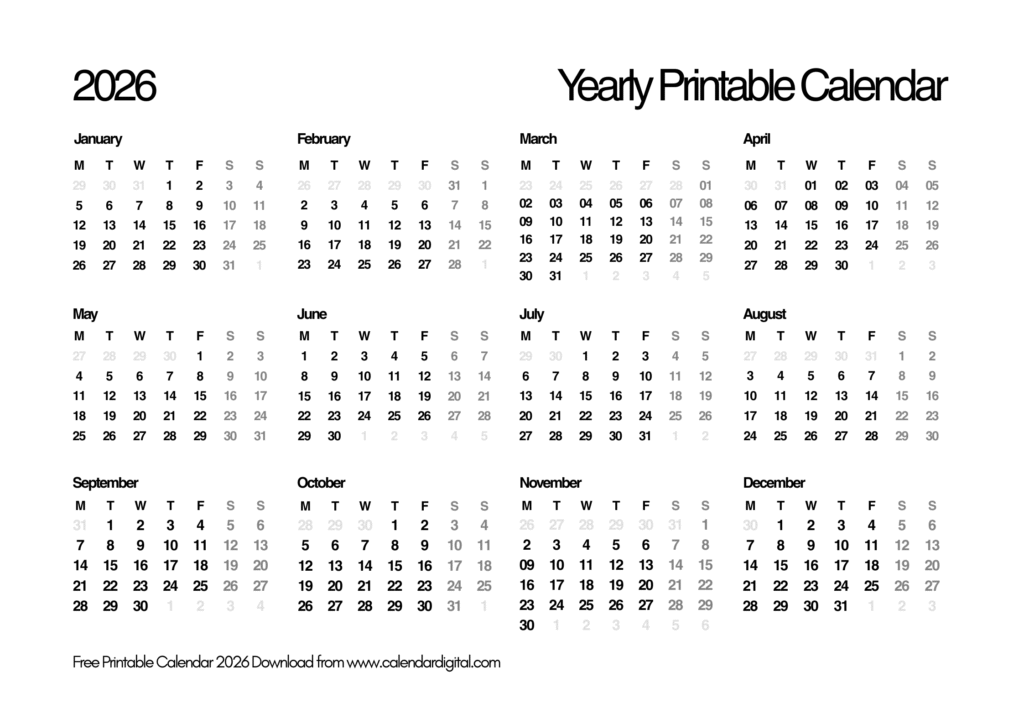 Free Printable 2026 Calendar | Jan to Dec Monthly Templates