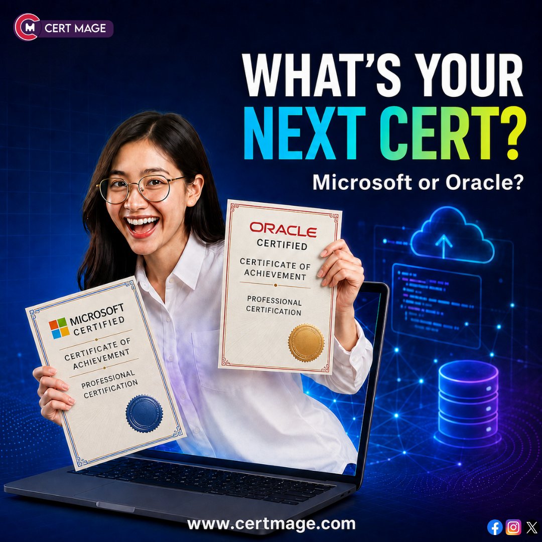 Cert Mage on X: "Microsoft vs Oracle certification: which fits your 2026 career?  Microsoft: Azure, AI, cybersecurity  data. Oracle: databases, SQL, Java  OCI. Don’t chase logos. Choose the skills your target job requires.  Which certification are you choosing? https://t.co/YbmwriFMGQ https://t.co/AIL9C6BVZ8" / X
